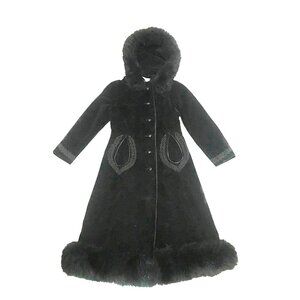 VTG Neiman Marcus Womens Black Velvet Shearling Trim Long Coat Size 4 USA
